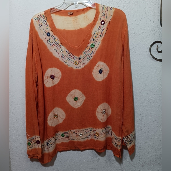 Bohemian Embroidered V-Neck Blouse in Orange - Picture 1 of 6